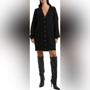 French Connection Babysoft Rib Button Front Long Sleeve Sweater Dress Black NWT